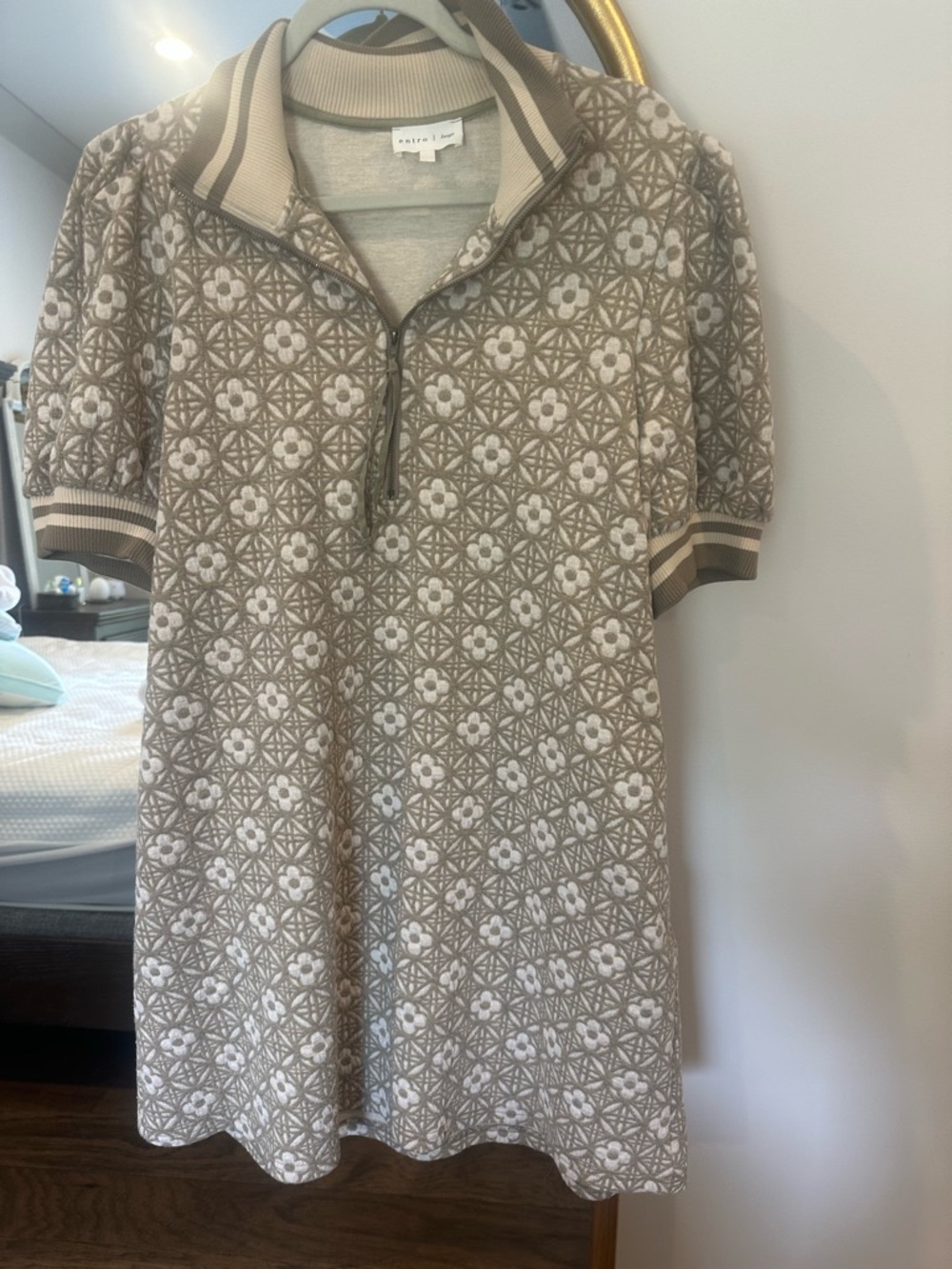 entro Taupe and Cream Floral Jacquard Polo Mini Dress
